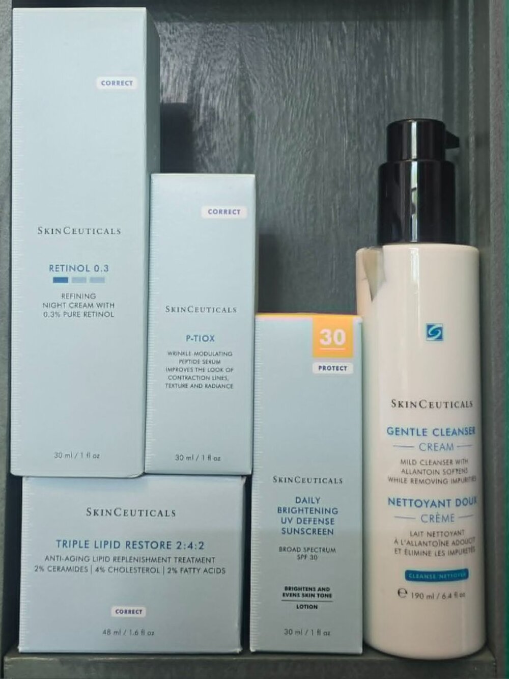 SkinCeuticals Bundle - Cleanser, P-TIOX Serum, Triple Lipid, Sunscreen, Retinol